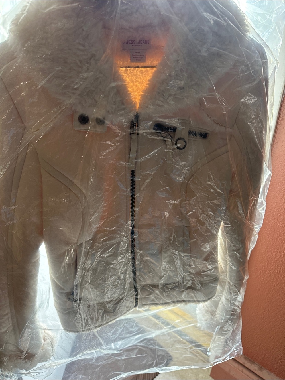GUESS Cream Teddy Faux Fur Collar Jacket